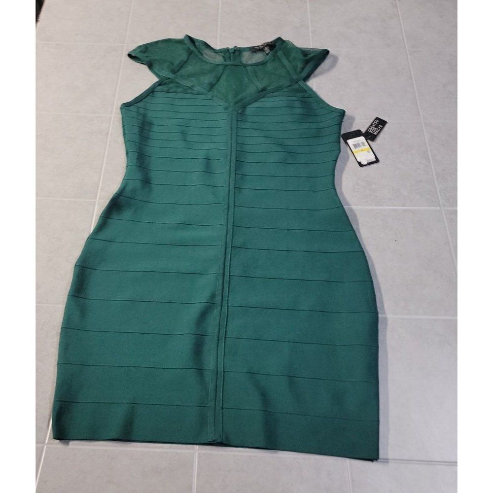 Guess Womens Green Cap Sleeve Sheer Neck Back Zip Short Bodycon Dress Medium - Picture 3 of 9